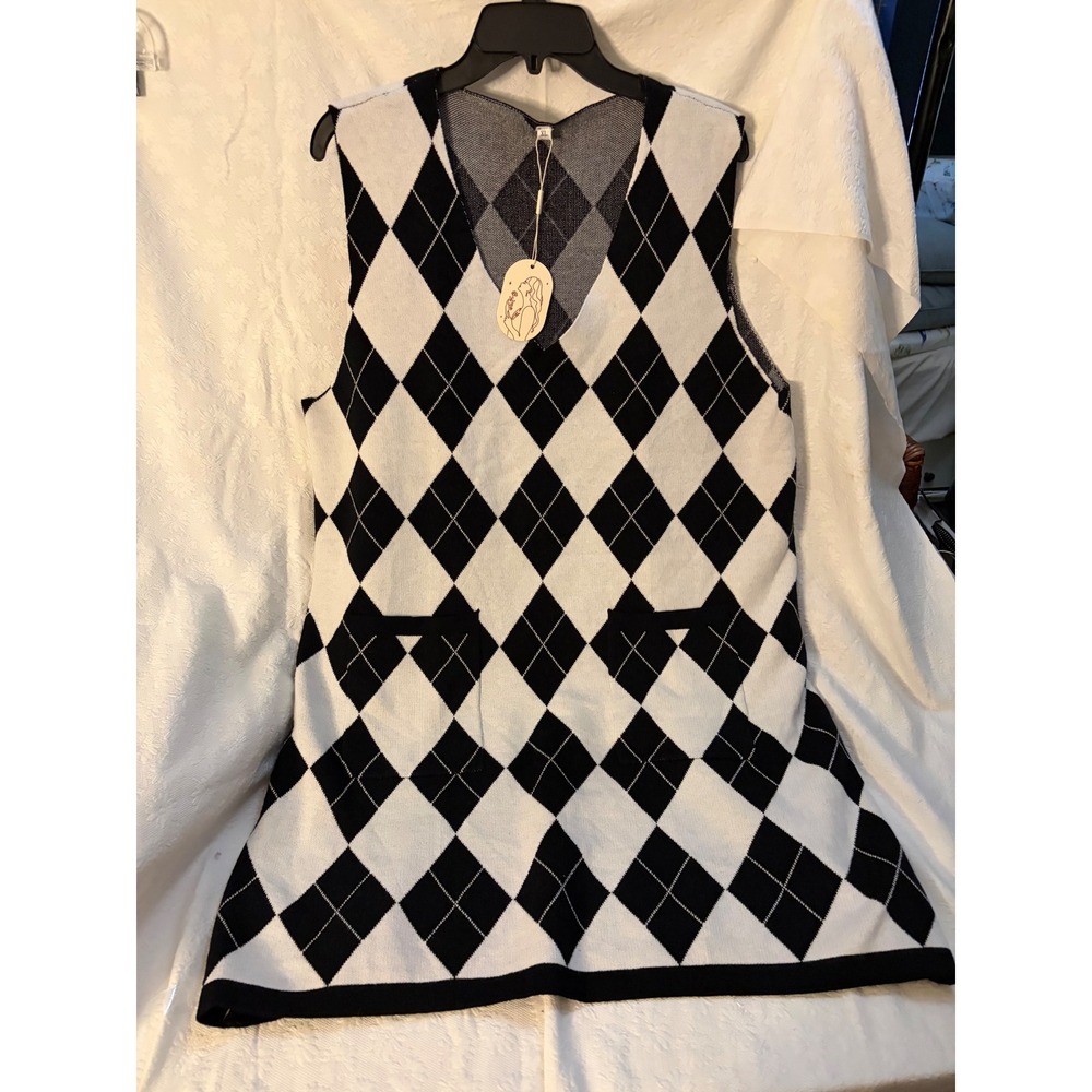 New Argyle Sweater Vest Dress Academia 90's Y2K V-Neck Preppy Glam Knit XL